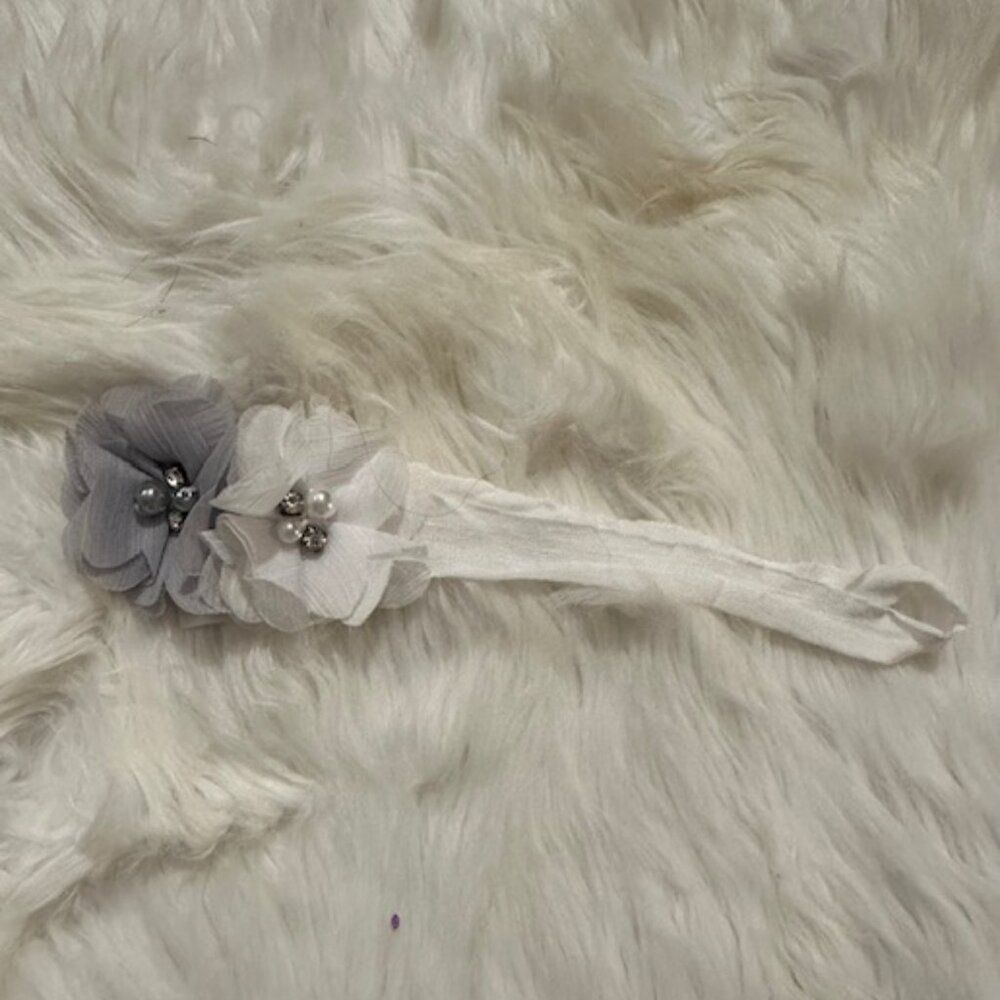 Grey and White Chiffon Flower on White Nylon Headband  7599  Handmade Boutique